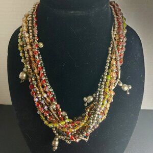 Retro Multi-Strand Denim Multicolor & Silver Tone tube Glass Beads Necklace Boho